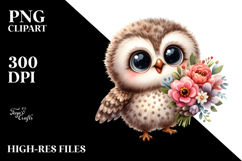 Excited Baby Owl with Flower Bouquet | Sublimation | Clipart Product Image 2