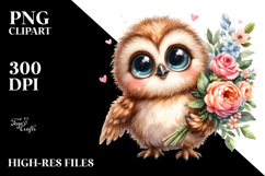 Excited Baby Owl with Flower Bouquet | Sublimation | Clipart Product Image 2