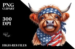 Watercolor Highland Cow Portrait with Bandana &amp; Flag | Product Image 1