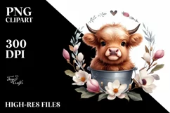 magnolia Floral Frame Highland Cow | Clipart Product Image 3