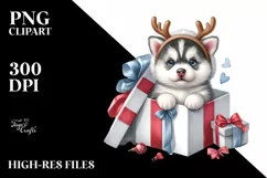 Winter Siberian Husky with Reindeer Horns PNG Product Image 3