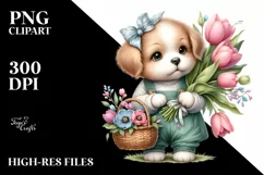 Whimsical Flowers, Cute Baby Puppy Holding a Basket of Product Image 1