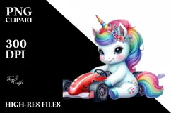 Colorful Unicorn with Race Car PNG Product Image 1