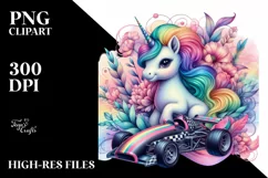 Colorful Unicorn with Race Car PNG Product Image 1