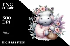 Detailed Watercolor Boho Cute Baby Hippo with Flowers Product Image 3
