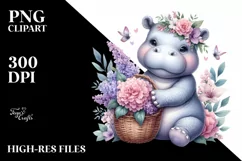 Detailed Watercolor Boho Cute Baby Hippo with Flowers Product Image 1