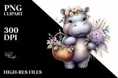 Detailed Watercolor Boho Cute Baby Hippo with Flowers Product Image 1
