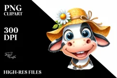 Watercolor Excited Cow with Sun Hat Clipart Product Image 1