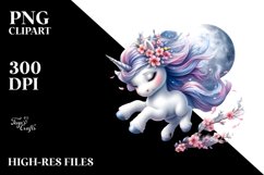 Baby Unicorn Tumbling Spring Petals Silvery Moon | Clipart Product Image 3