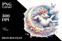 Baby Unicorn Tumbling Spring Petals Silvery Moon | Clipart Product Image 1