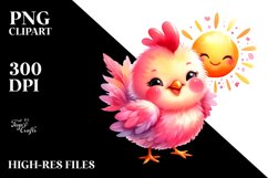Watercolor Pink-ish Smiling Cute Rooster with Sun PNG Product Image 2