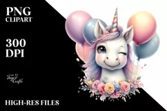 Cute Baby Unicorn Winking with Balloons | Clipart Product Image 1