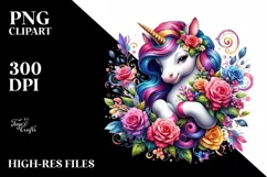 Colorful Unicorn with Flower Bouquet PNG Product Image 3