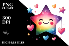 Colorful Watercolor Star with Hearts PNG Product Image 2