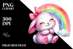 Watercolor Pink-ish Smiling Cute Bunny Cuddling Rainbow PNG Product Image 2