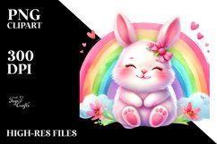Watercolor Pink-ish Smiling Cute Bunny Cuddling Rainbow PNG Product Image 2