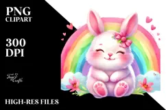 Watercolor Pink-ish Smiling Cute Bunny Cuddling Rainbow PNG Product Image 2