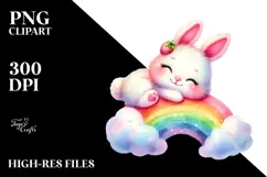 Watercolor Pink-ish Smiling Cute Bunny Cuddling Rainbow PNG Product Image 2