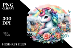 Colorful Baby Unicorn in Village Square PNG Product Image 2