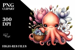 Detailed Whimsical Cute Baby Octopus with Flowers Clipart Product Image 1