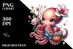 Detailed Whimsical Cute Baby Octopus with Flowers Clipart Product Image 1