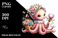 Detailed Whimsical Cute Baby Octopus with Flowers Clipart Product Image 1