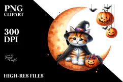 Funny Halloween Kitten on Moon, Watercolor PNG Product Image 2