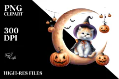 Funny Halloween Kitten on Moon, Watercolor PNG Product Image 2