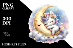 Cute Baby Unicorn Hugging Moon Watercolor | Sublimation | Product Image 1