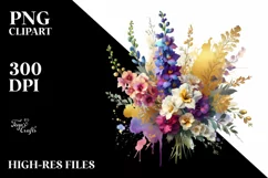 Vibrant Bouquet with Delphinium and Gold Foil Clipart Product Image 3