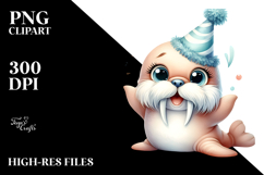 Cute Baby Walrus with Party Hat PNG Product Image 2