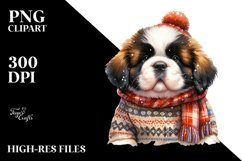Enthusiastic Saint Bernard Pup, Winter Attire Watercolor PNG Product Image 1