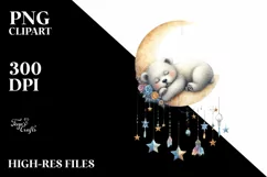 Watercolor Baby Bear Sleeping on Moon | Clipart Product Image 1