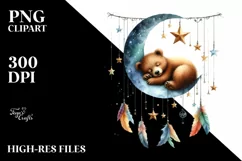 Watercolor Baby Bear Sleeping on Moon | Clipart Product Image 1