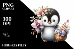 Whimsical Cute Baby Penguin with Flowers Clipart Product Image 1