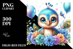 Colorful Baby Peacock Sitting on Balloons | Clipart Product Image 2