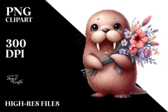 Cute Funny Baby Walrus Standing with Flower Bouquet | Product Image 2