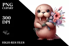 Cute Funny Baby Walrus Standing with Flower Bouquet | Product Image 3
