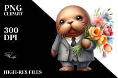 Cute Funny Baby Walrus Standing with Flower Bouquet | Product Image 2