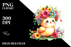 Cute Cartoon-Style Chicken Sitting on Flower | Clipart Product Image 2