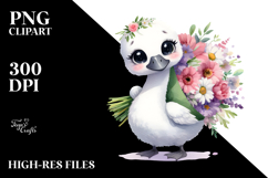 Cute Happy Swan Standing with Flower Bouquet | Clipart Product Image 2