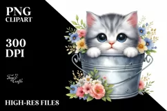 Watercolor Cat with Flowers PNG Product Image 1