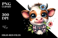Happy Baby Cow with Bow and Flower PNG Product Image 2