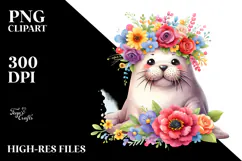 Cute Cartoon-Style Walrus Sitting on Flower | Clipart Product Image 2