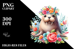 Cute Cartoon-Style Walrus Sitting on Flower | Clipart Product Image 2