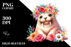 Cute Cartoon-Style Walrus Sitting on Flower | Clipart Product Image 2