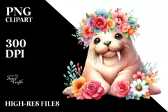 Cute Cartoon-Style Walrus Sitting on Flower | Clipart Product Image 3
