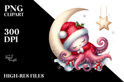 Cute Baby Octopus Christmas Moon PNG Product Image 2