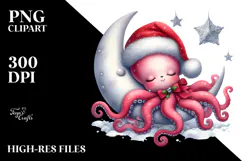 Cute Baby Octopus Christmas Moon PNG Product Image 2