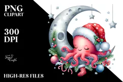 Cute Baby Octopus Christmas Moon PNG Product Image 2